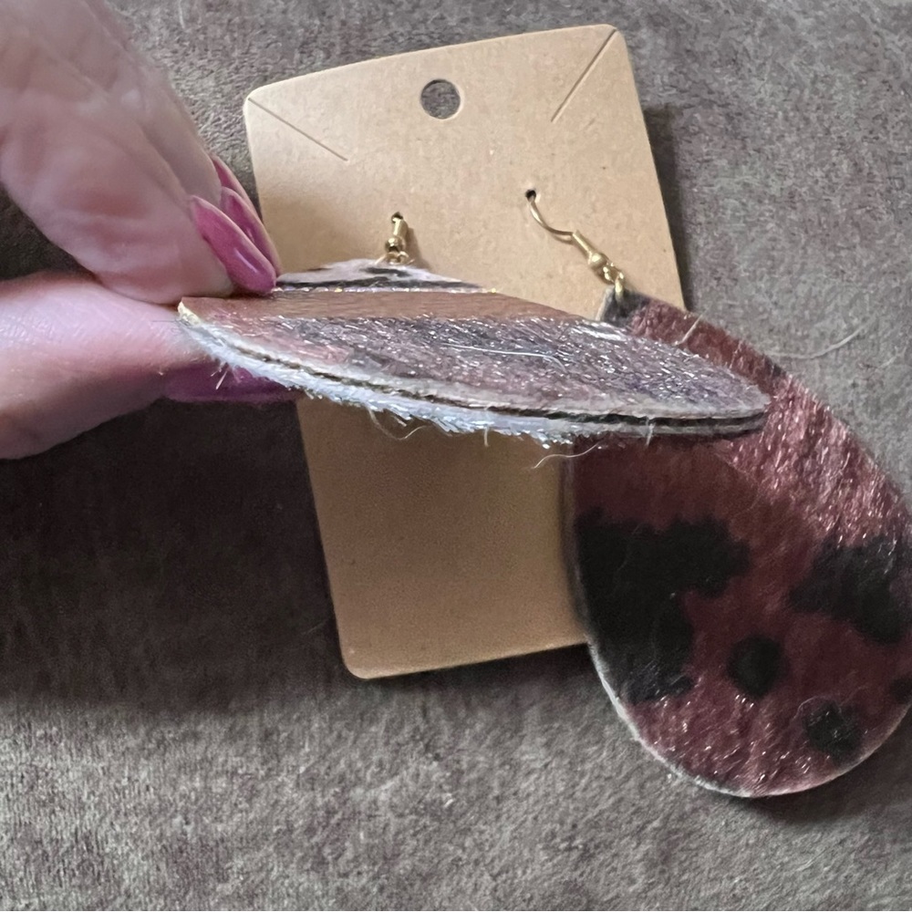 Hair On Hide Faux Leather Jeweled Teardrop Dangle Drop Earrings - Picture 5 of 10